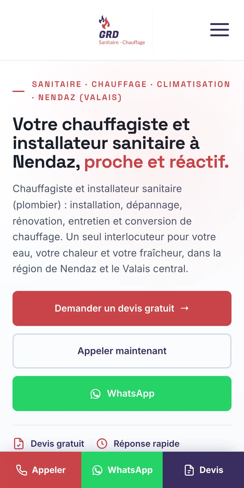 Le site de GRD Sanitaire-Chauffage sur un telephone : son metier et sa commune dans le titre, puis les boutons devis, appel et WhatsApp.