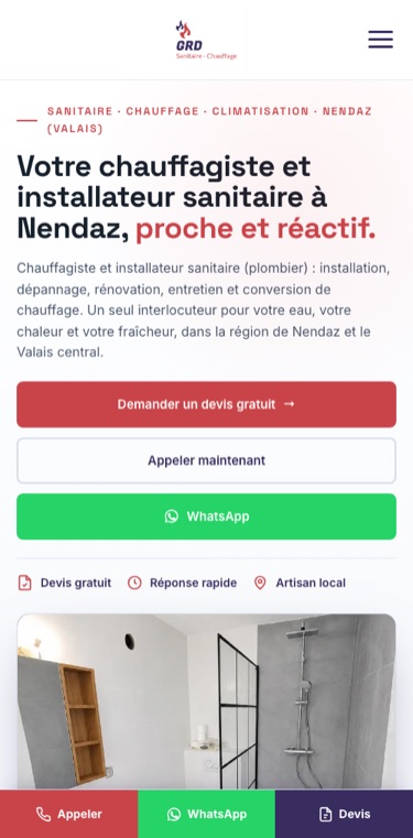 Le site de GRD Sanitaire-Chauffage tel qu'il s'affiche sur un téléphone