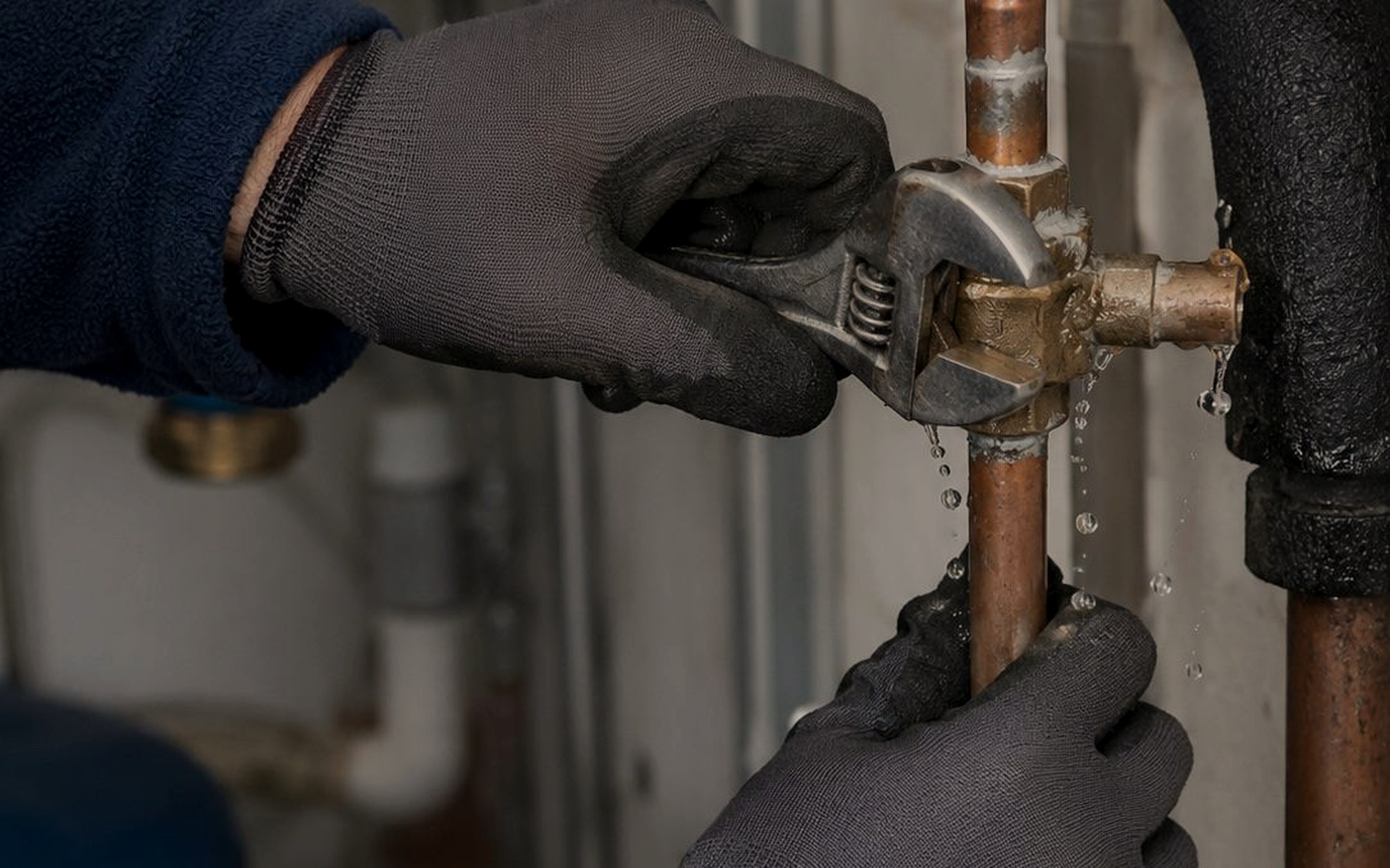 Un sanitaire raccorde un tube de cuivre sur un chantier