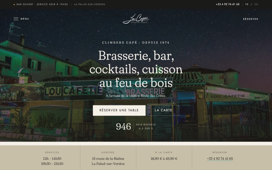Page d'accueil du site de Lou Cafetié, brasserie au feu de bois dans les Gorges du Verdon